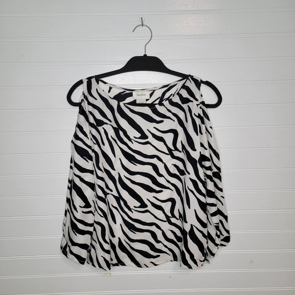 Neiman Marcus Exclusive Size Medium 100% SILK Zebra Print Open Cold Shoulder Top - Picture 1 of 7